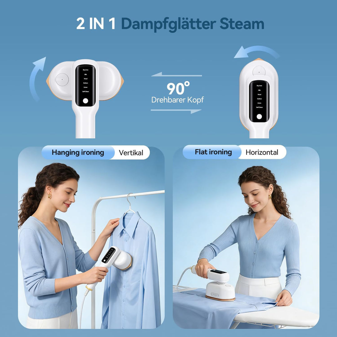 Ombrex 1400W Dampfglätter Steamer, 3-in-1 Handbügeleisen Dampf mit LED-Anzeige, Tragbarer Dampfglätt