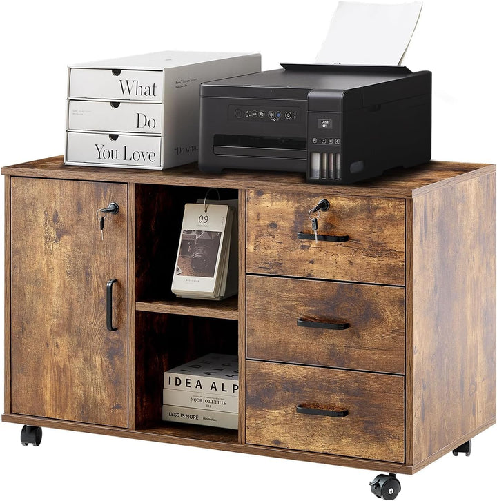 TUKAILAI Rollcontainer Abschliessbar mit 3 Schubladen, Lagerung Fach und Offene Regale, Aktenschrank