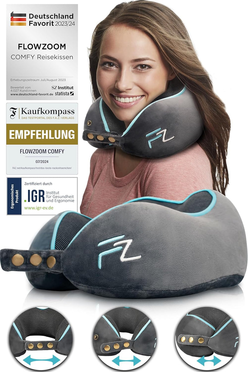 FLOWZOOM® Comfy Nackenhörnchen Nackenkissen Flugzeug & Auto Reise-Kissen aus Memory-Foam mit schmale