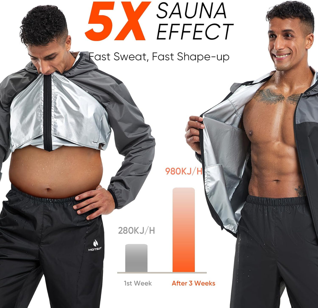 HOTSUIT Schwitzanzug Herren Trainingsanzüge Fitnessstudio Workout Übung Saunajacke Hose Ganzkörper S