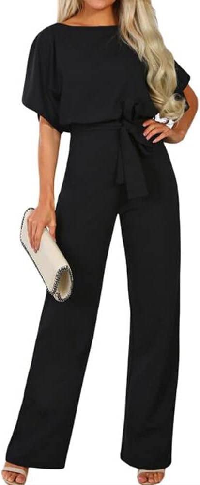 Damen Lang Jumpsuit Overall Hosenanzug Elegant Romper Kurzarm Rundhals Playsuit mit Gürtel Hosenanzu