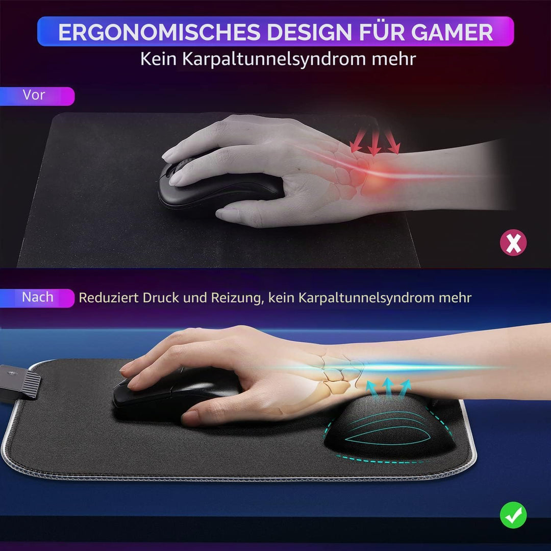 Gimars RGB Mauspad Gaming mit Handauflage, 305x254mm Grosses Gelkissen Mouspad mit 10 LED-Beleuchtun