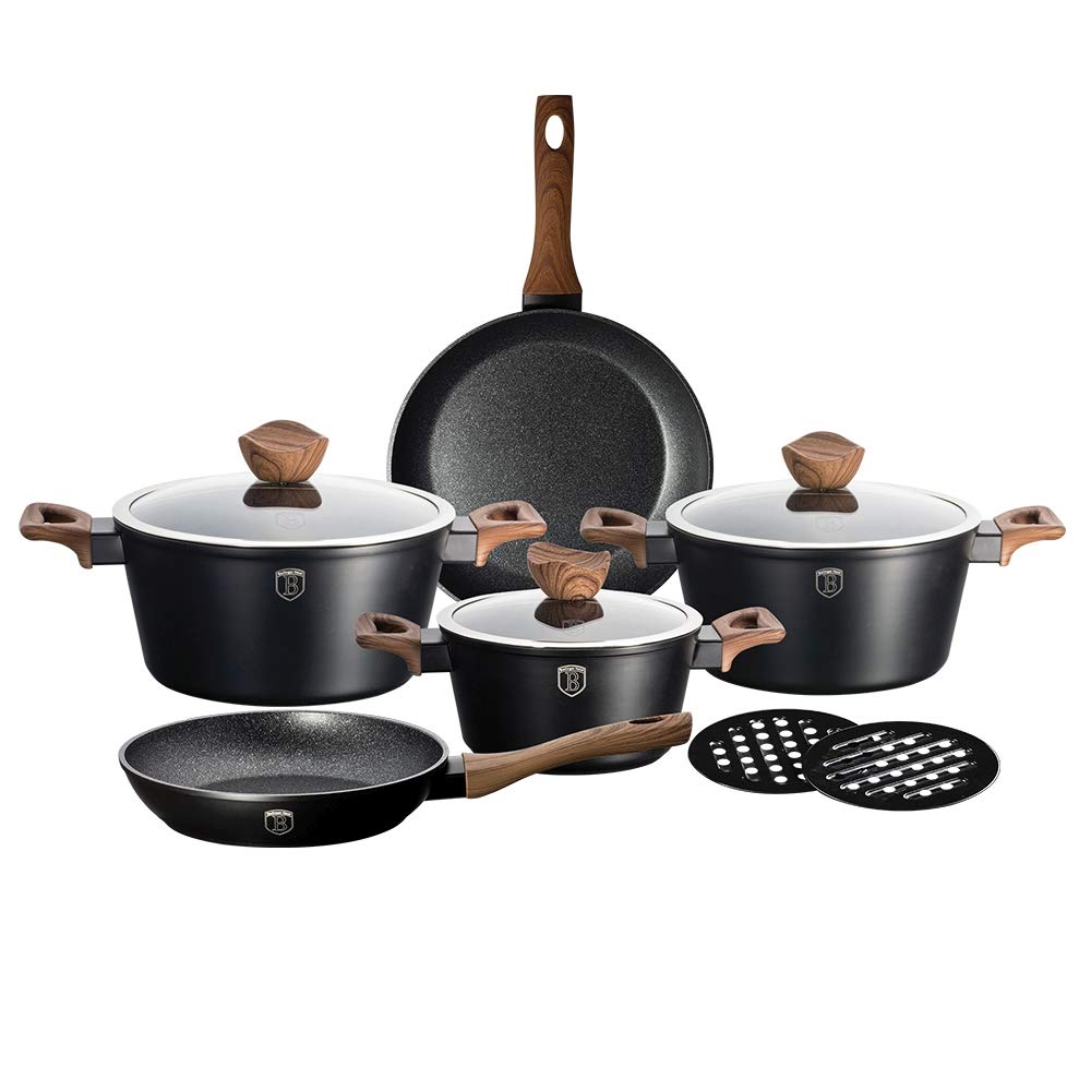 Kochtopf 10.TLG Set Topf Aluguss| Kochtopf Set Antihaft Beschichtung | Kochtopfset Mit 2 Pfannen | T