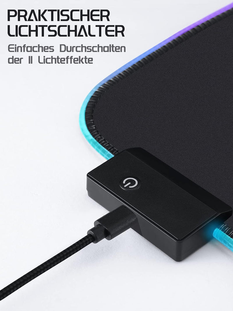 EASEMO Gaming Mauspad, RGB Mousepad, XXL gross (900 x 400 x 4 mm) mit 7 LED-Farben, 11 Beleuchtungsm