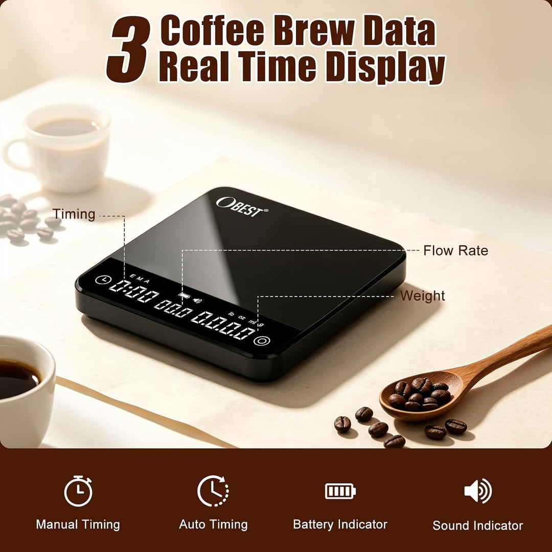 Mini-Kaffewaage mit Timer, 2kg/0,1g, Wiederaufladbar, 4 Brühmodi, Einstellbare Brühverhältnisse, Dur