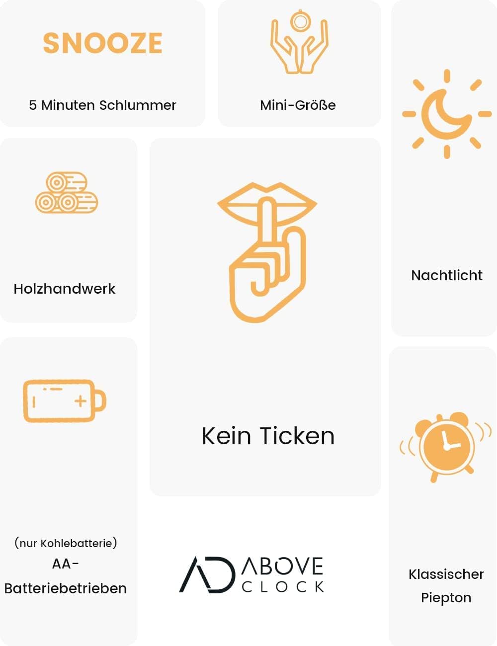 aboveClock Wecker Analog Ohne Ticken 2 Stück, Wecker Holz mit Snooze, Nachttisch Tischuhr mit Nachtl