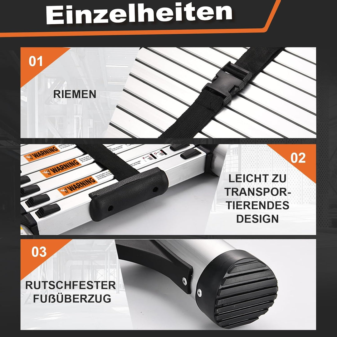 2,6m Teleskopleiter mit rutschfesten Füssen, HBTower Leichte Ausziehleiter, Leiter Ausziehbar, klapp