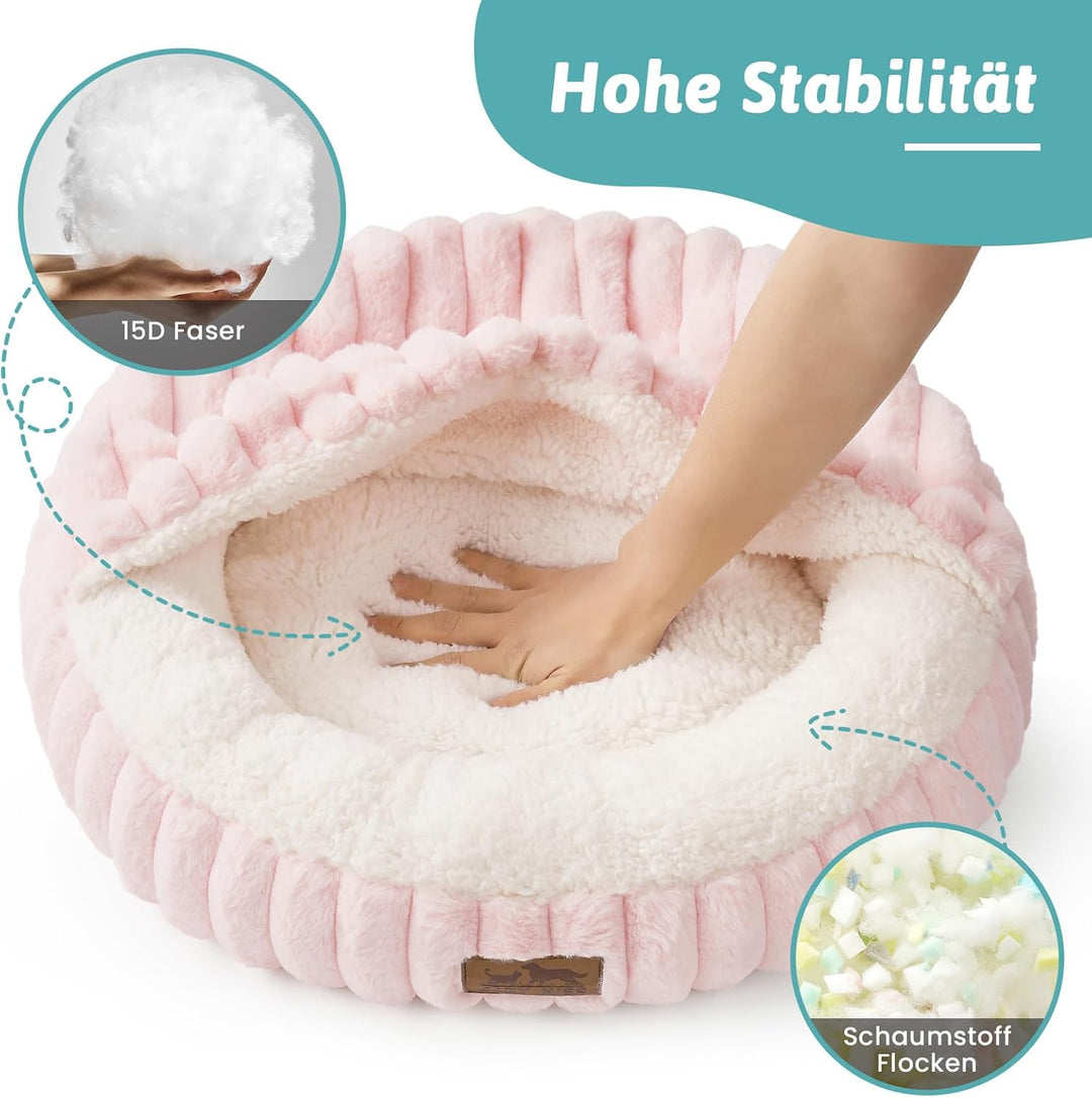 COZY KISS Katzenbett mit Decke 50x50x15cm - Flauschige Kleine Katzenhöhle - Kissen, Runde kleine Hun