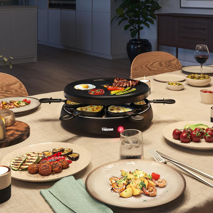 Tristar Raclette für bis zu 6 Personen mit 6 Pfännchen und Crêpe-und Grill-Bereich/Durchmesser 29 cm