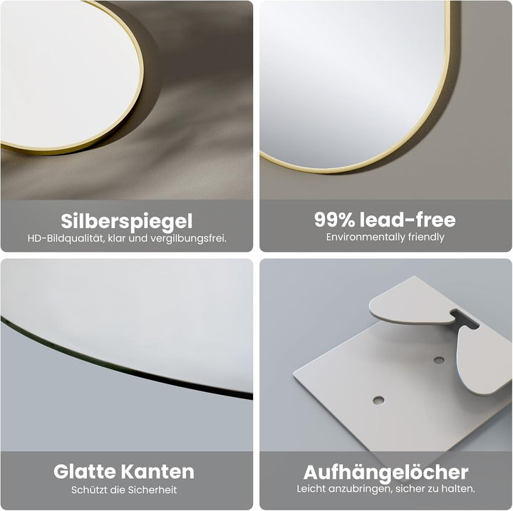 EMKE Badspiegel Oval Goldener 60 x 80 cm, HD Dekorativer Wandspiegel Oval + Goldener Rahmen 80L x 60