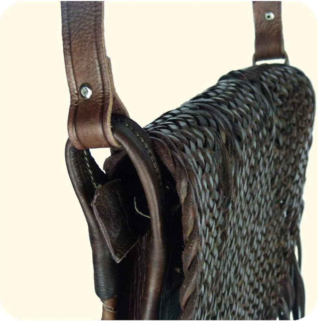 Simandra Leder-Tasche „Indian“ 30x25cm braun • marokkanische Umhängetasche mit Fransen in Flecht-Opt