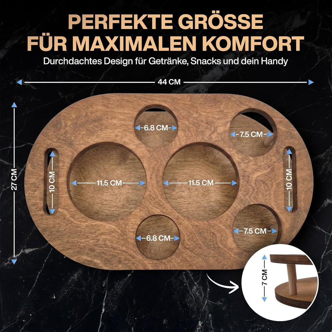 Couchbar Snackbox mit 4 Glasschalen - Sofabar für Snacks und Getränke - Couchtabletts mit Getränkeha