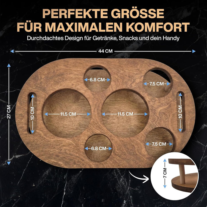 Couchbar Snackbox mit 4 Glasschalen - Sofabar für Snacks und Getränke - Couchtabletts mit Getränkeha