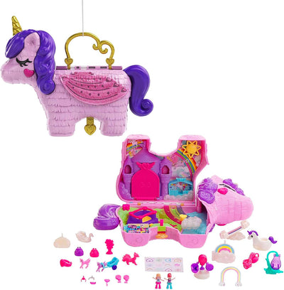 Polly Pocket Einhorn, in Prinzessinnen Schloss Thema, mit 25 Zubehörteilen wie 2 Puppen, Schaukel un