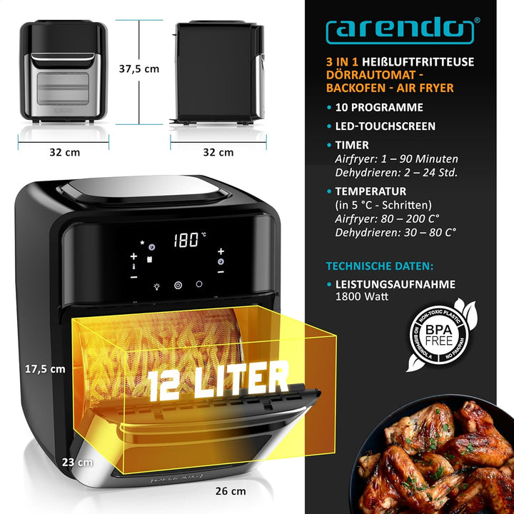 Arendo - Heissluftfritteuse XXL mit LED Touchscreen 12 Liter - Grill - Dörrautomat - Backofen - Air
