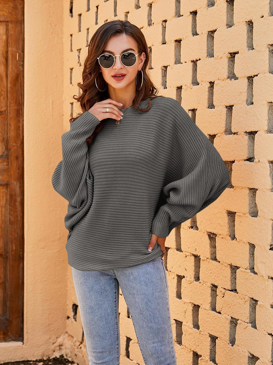 Fessceruna Damen Pullover Oversize Fledermausärmel Strickpullover Winter Rundhals Pulli Geripptes Sw