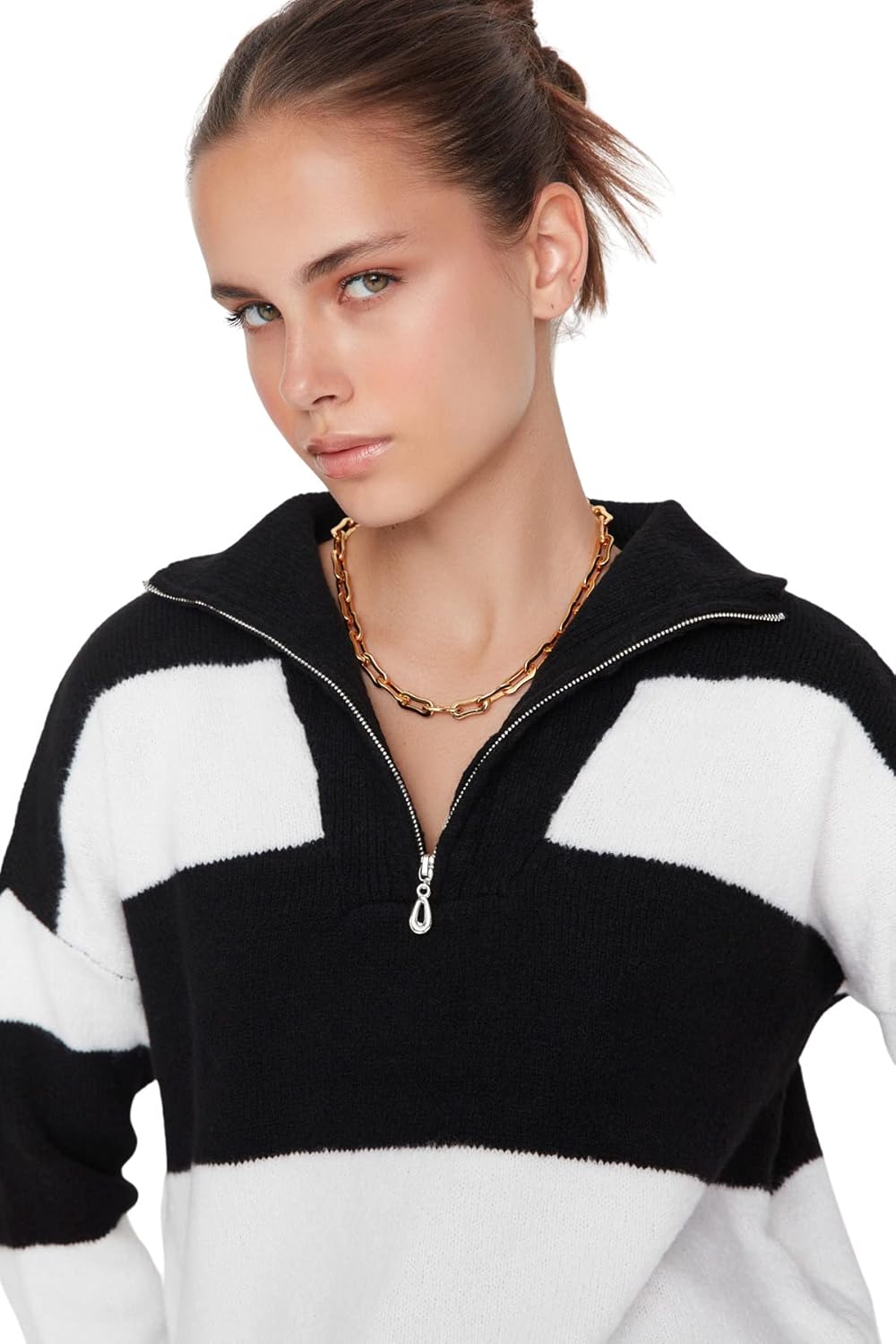 Trendyol Damen Stehkragen gestreift Oversize Sweater Sweatshirt, Schwarz, L