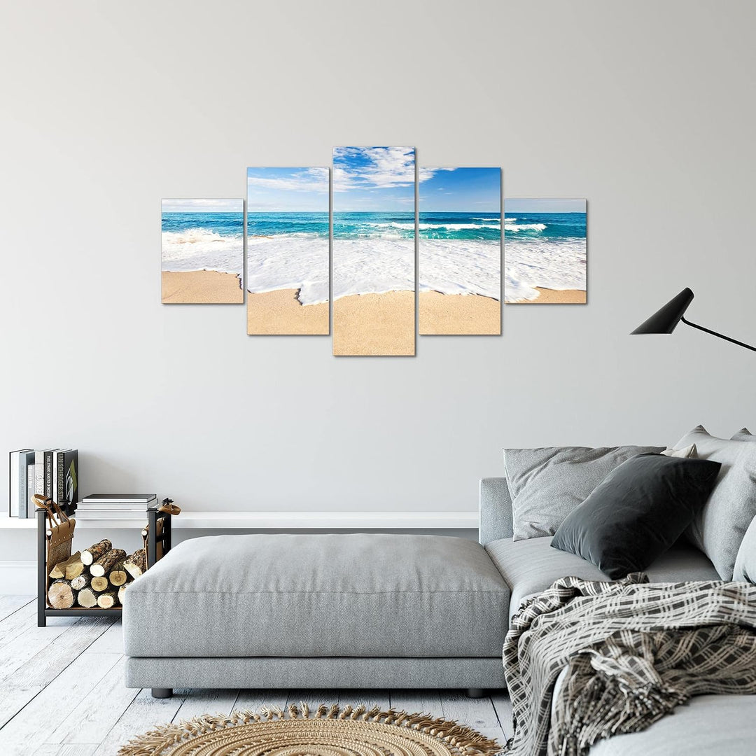 Runa Art Bild Schlafzimmer Wohnzimmer Strand Meer 5 Teilig Welle Beige Blau Wandbilder auf Vlies Lei