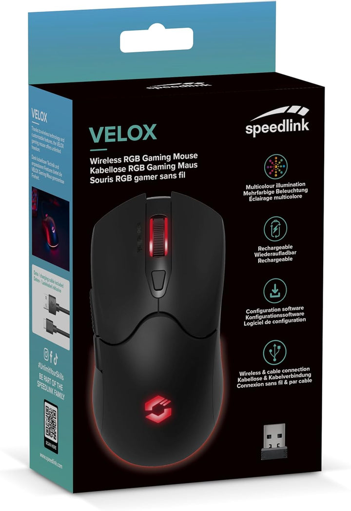 Speedlink Velox - Wireless RGB Gaming Maus kabellos mit Akku wiederaufladbar USB-C, 4800dpi, program