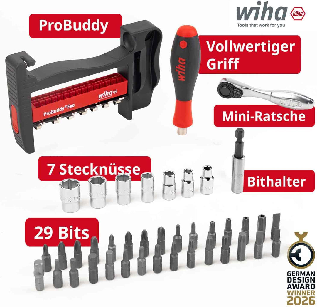 Wiha ProBuddy® Evo 40-tlg. Bit- & Steckschlüssel-Set 1/4" SoftFinish Schraubendrehergriff, Mini-Rats