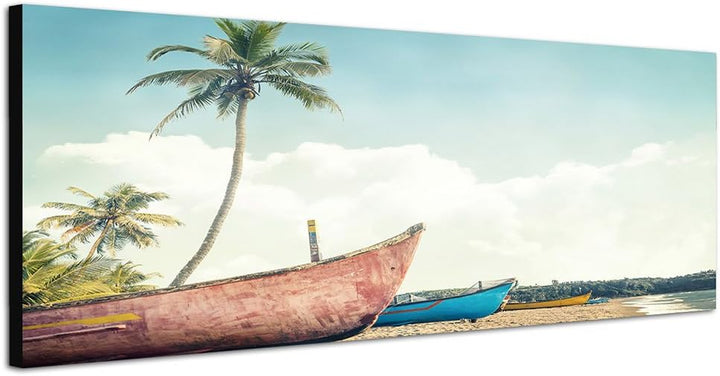 Paul Sinus Art Panoramabild auf Leinwand und Keilrahmen 150x50cm Strand Meer Palme Boote Vintage