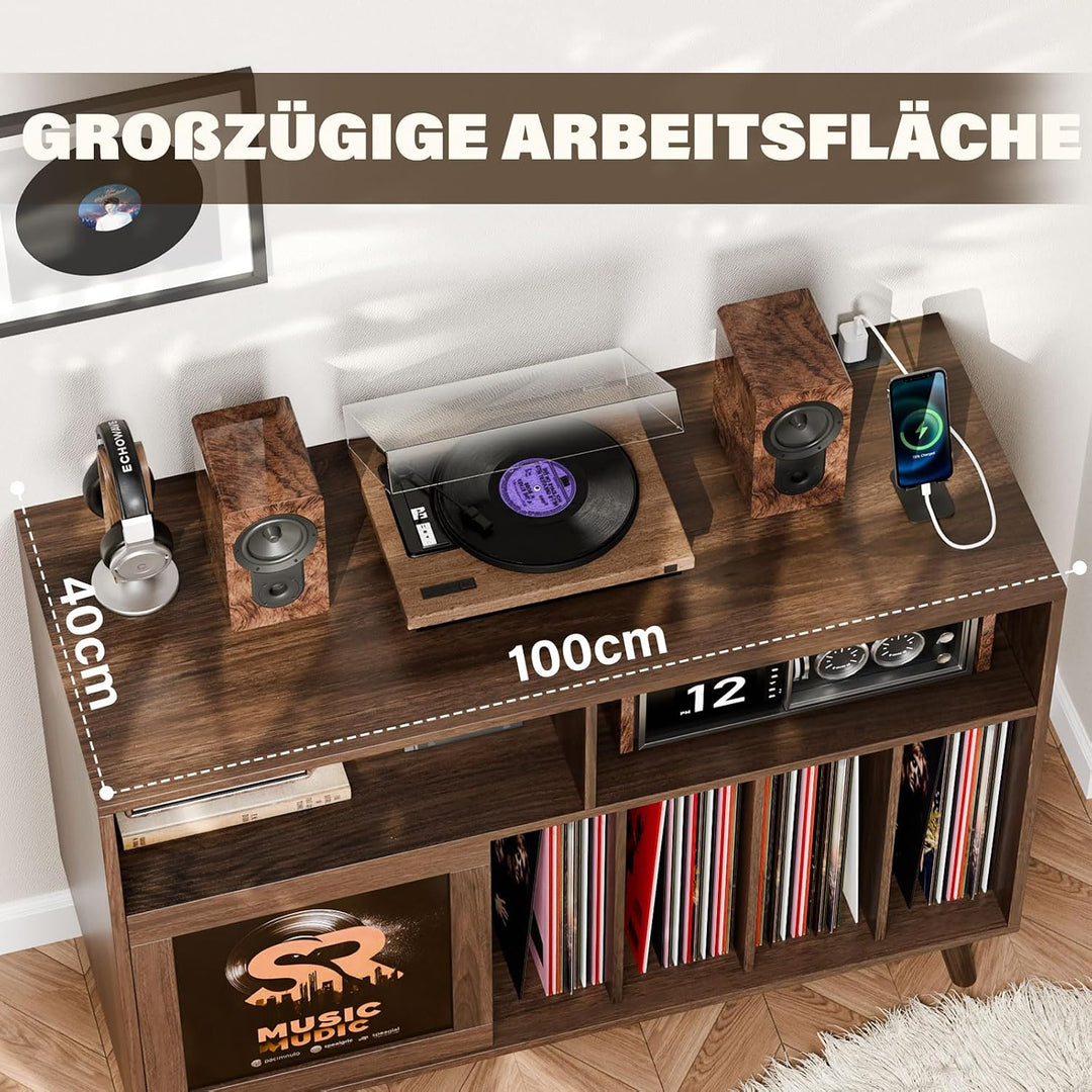 Grosser Plattenspieler-Ständer mit Schiebetüren, Plattenständer für über 500 Schallplatten mit Lades