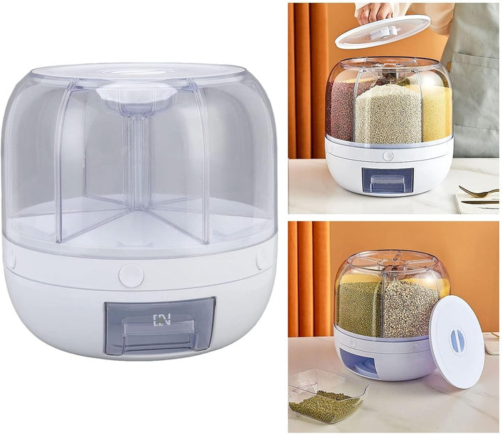 Reis- und Getreidebehälter, 6 Fächer, 360° Drehbarer Getreidespeicher, Lebensmittelspender mit Decke