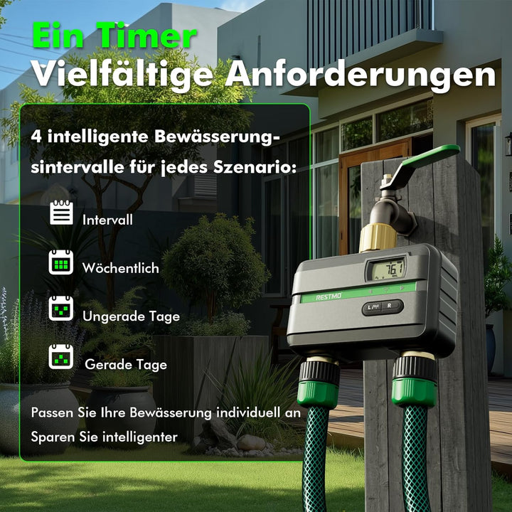 RESTMO 2 Zone Bewässerungscomputer mit Durchflussmesser, Bewässerungssteuerung für Garten & Rasen, M