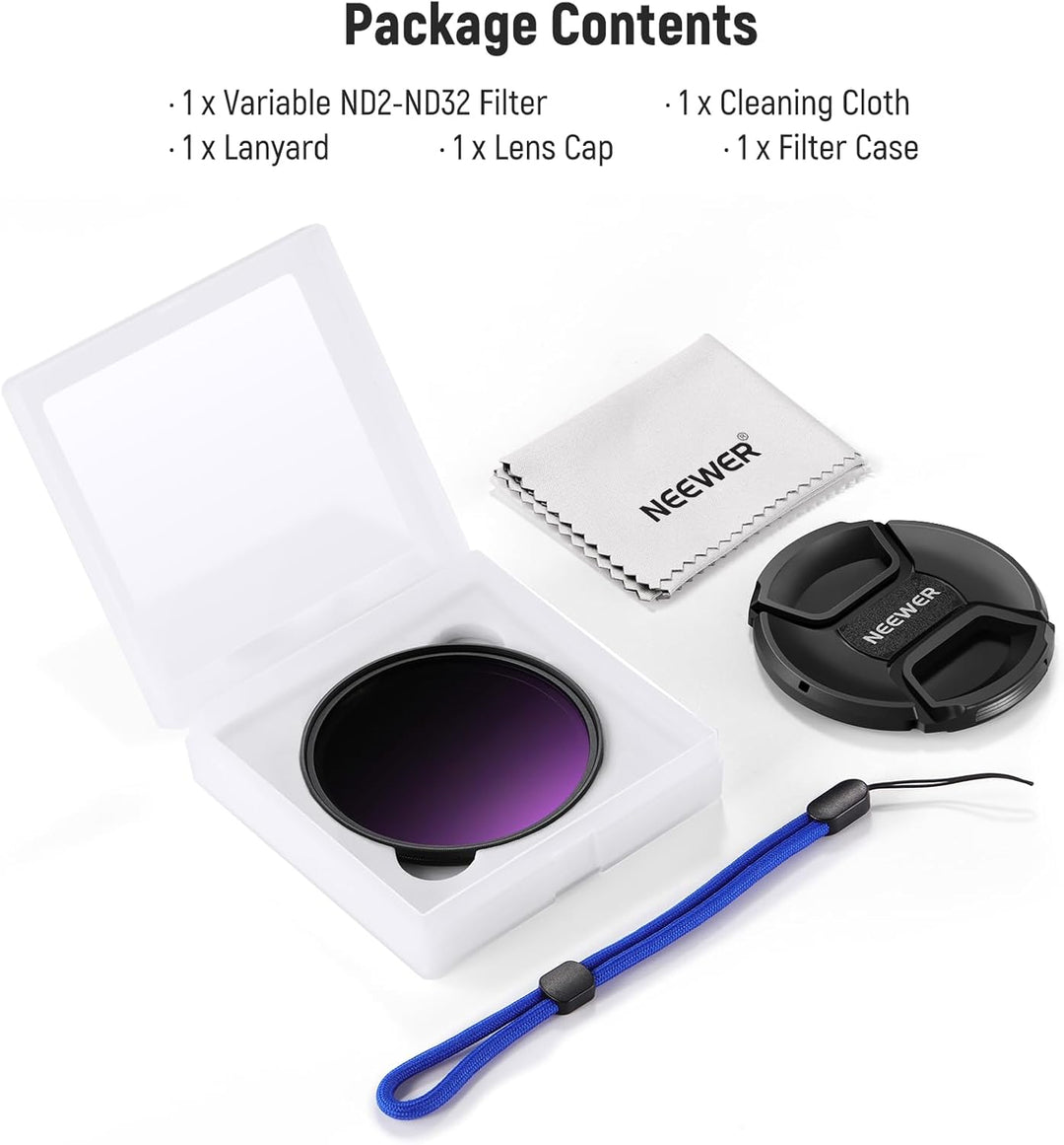 NEEWER 82mm ND2-32 (1-5 Stops) Variabler ND Filter Graufilter mit Objektivdeckel Reinigungstuch, Prä