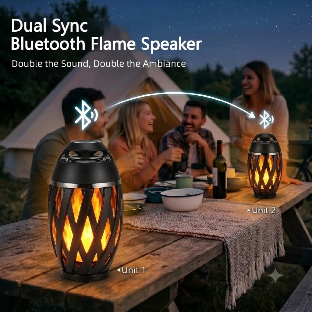 Outdoor Bluetooth Lautsprecher mit Flammenlicht, Kabelloser LED Tischlampe, IP65 Wasserdicht, Stereo