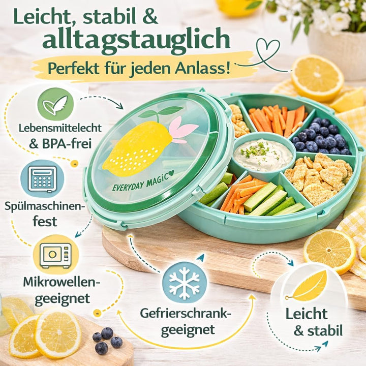 Rice Serviertablett rund Ø 32 cm mit Deckel & Tragegriff – Snack- & Partyplatte mit Fächern, BPA-fre