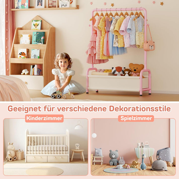 Kinder Garderobe Kleiderständer 80×30×125cm, Kinder Kleiderständer mit 2 Haken + Aufbewahrungskorb,