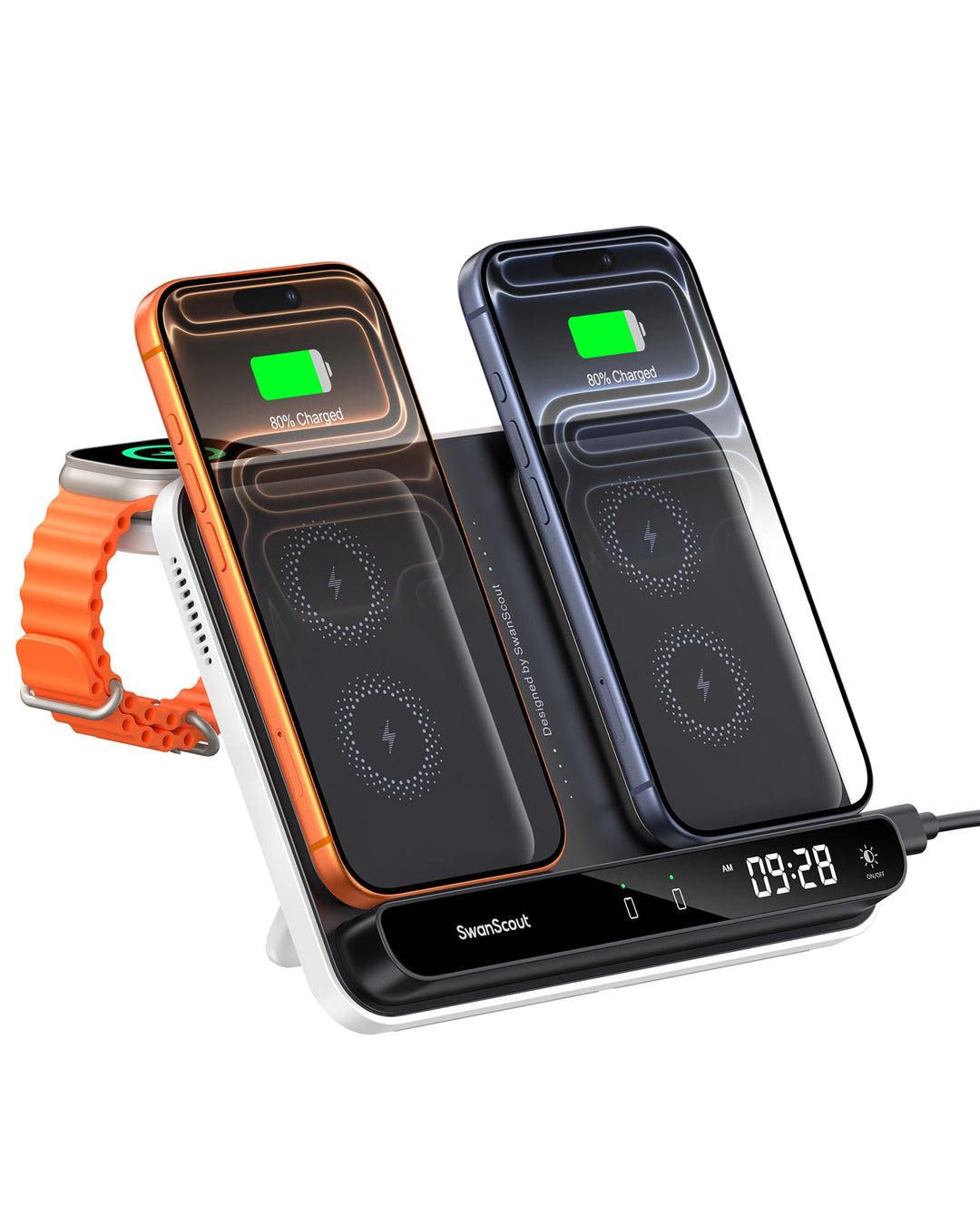 SwanScout Dual Ladestation für iPhone 17/Air/16/15/14/13/12/11, Induktive Ladestation für Apple Watc