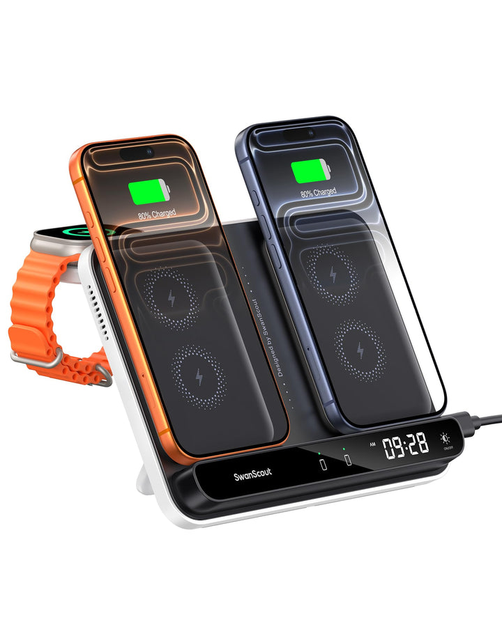 SwanScout Dual Ladestation für iPhone 17/Air/16/15/14/13/12/11, Induktive Ladestation für Apple Watc