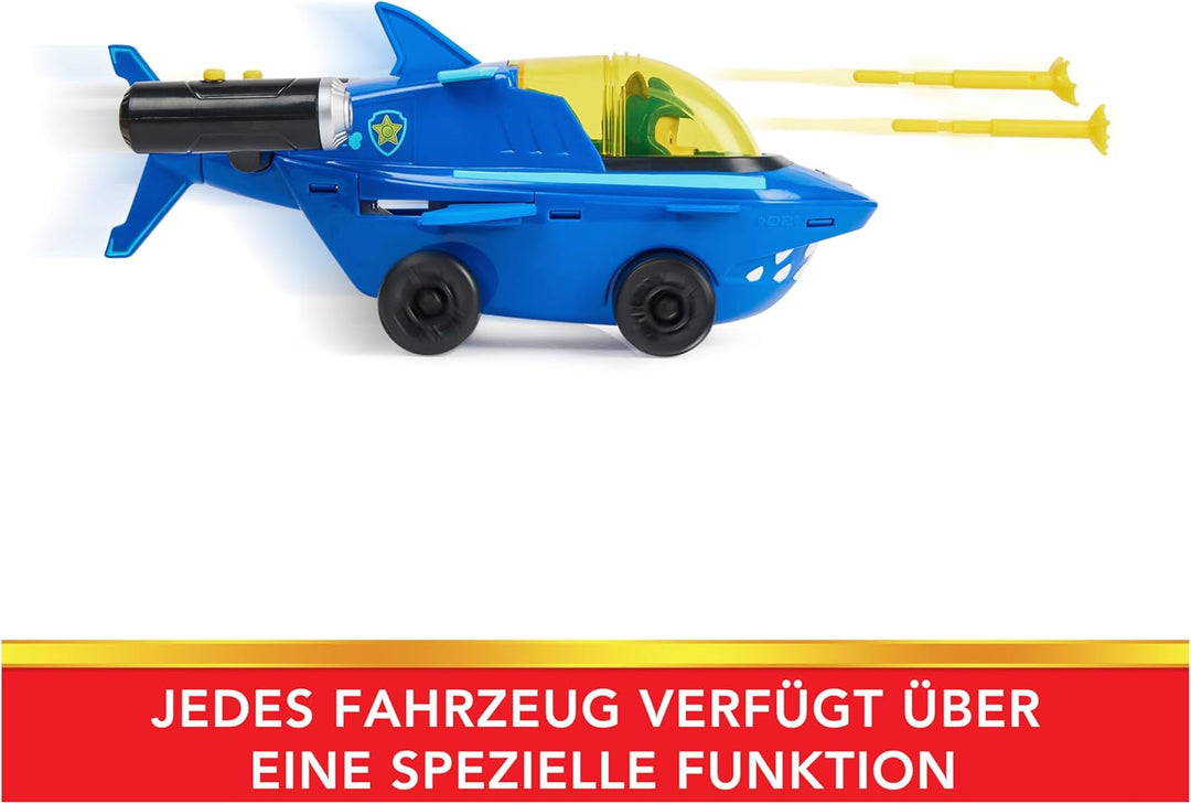 PAW PATROL, Aqua Pups - Basis Fahrzeug Spielzeugauto im Hai-Design mit Chase Welpenfigur, Spielzeug