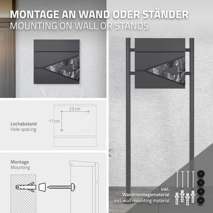 ML-Design Briefkasten 37x36,5x11 cm Anthrazit/Schwarz-Marmoroptik, Stahl, Postkasten mit Zeitungsfac