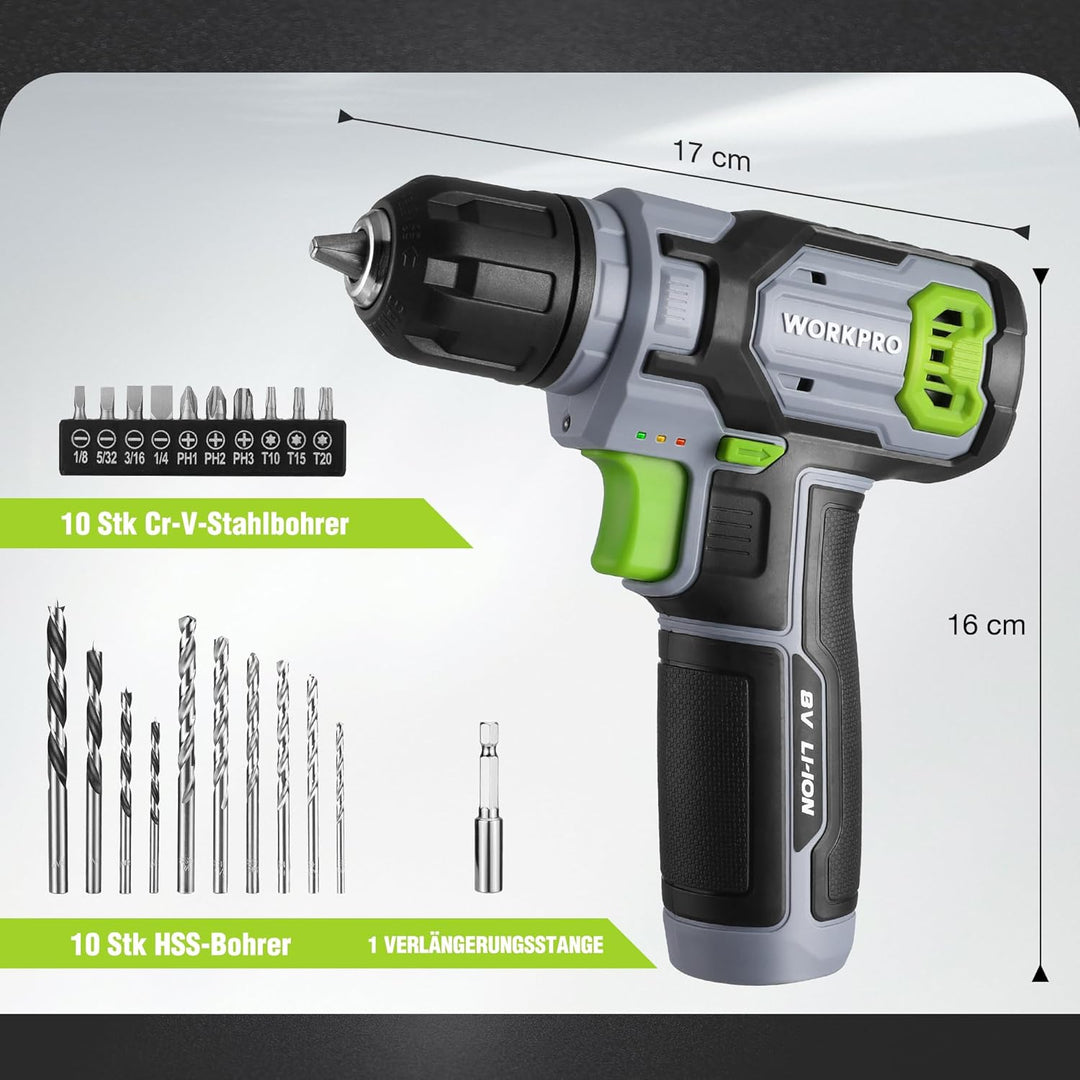 WORKPRO 8V Akku Bohrschrauber Set mit Transportkoffer, Akkuschrauber, 2x2000 mAh Akkus Bohrmaschine,