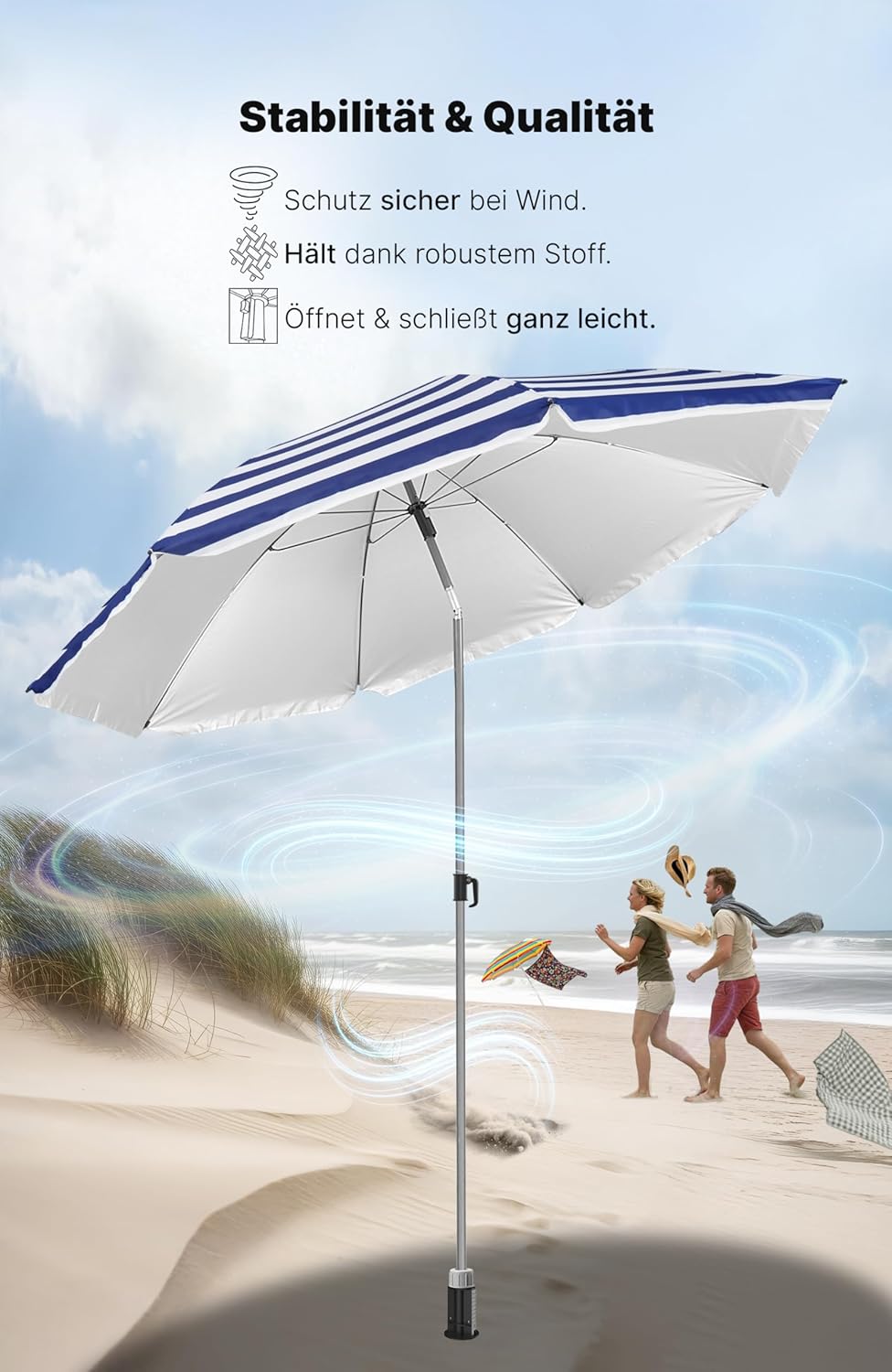4smile Sonnenschirm Strand SunnyJoy, Blau-Weiss - UPF 50+ Strandschirm Ø 180 cm, sicherer Sonnenschu