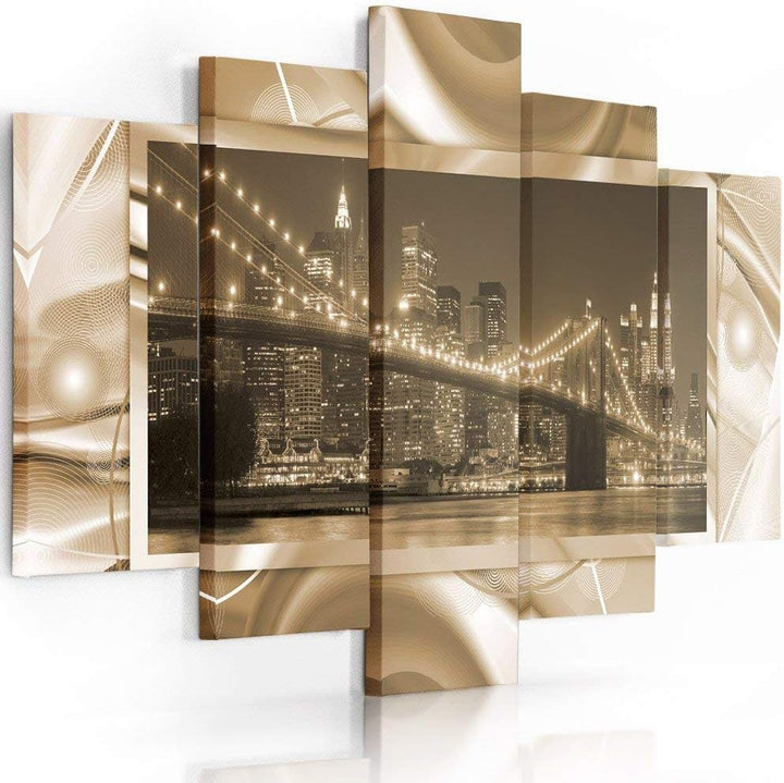 Feeby Frames, Leinwandbild Bilder Wand Bild - 5 Teile - Wandbilder Kunstdruck (New York City, BRAUN)