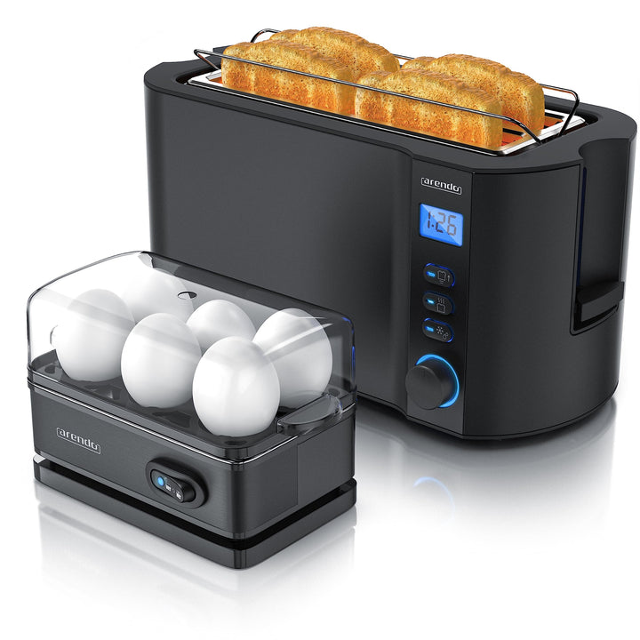 Arendo - SET Toaster MANHA mit Eierkocher SIXCOOK Edelstahl Schwarz, Toaster 4 Scheiben, LED-Display