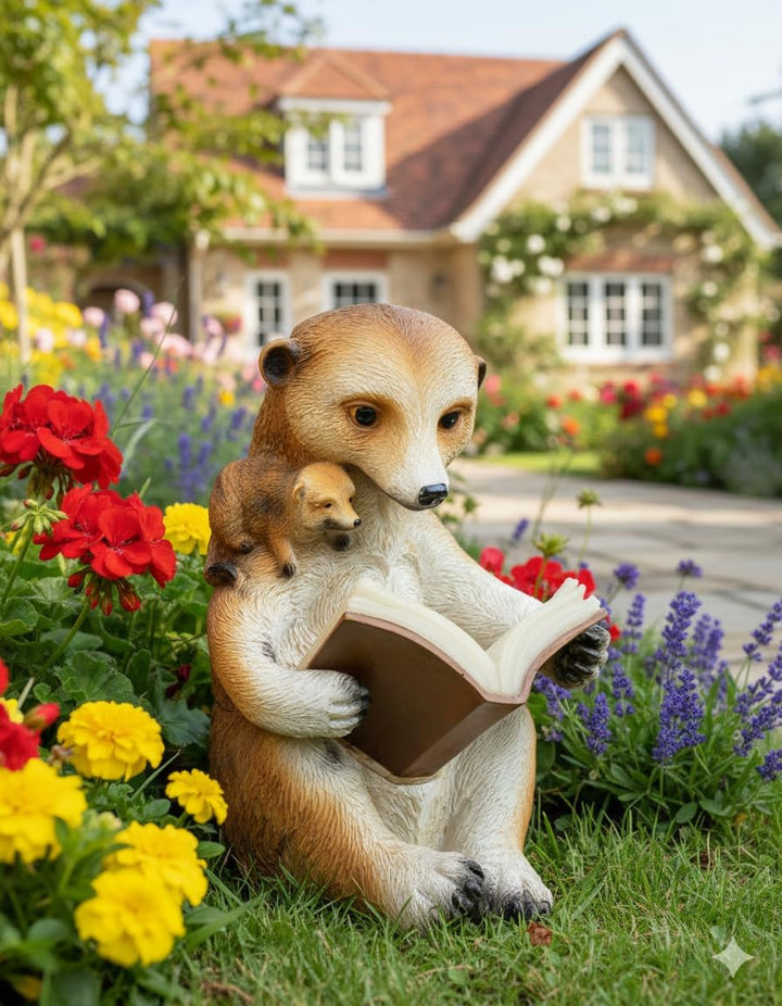 Kremers Schatzkiste Solar Erdmännchen Mama liest Kind vor Figur Gartenfigur 20 cm Meercat Tierfigur