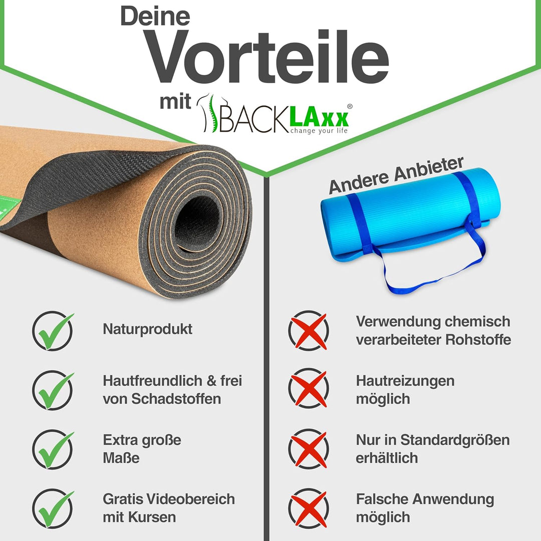 BACKLAXX ® Yogamatte Kork XXL [+50% mehr Fläche] mit Naturkautschuk - Yoga Matte nachhaltig, schadst