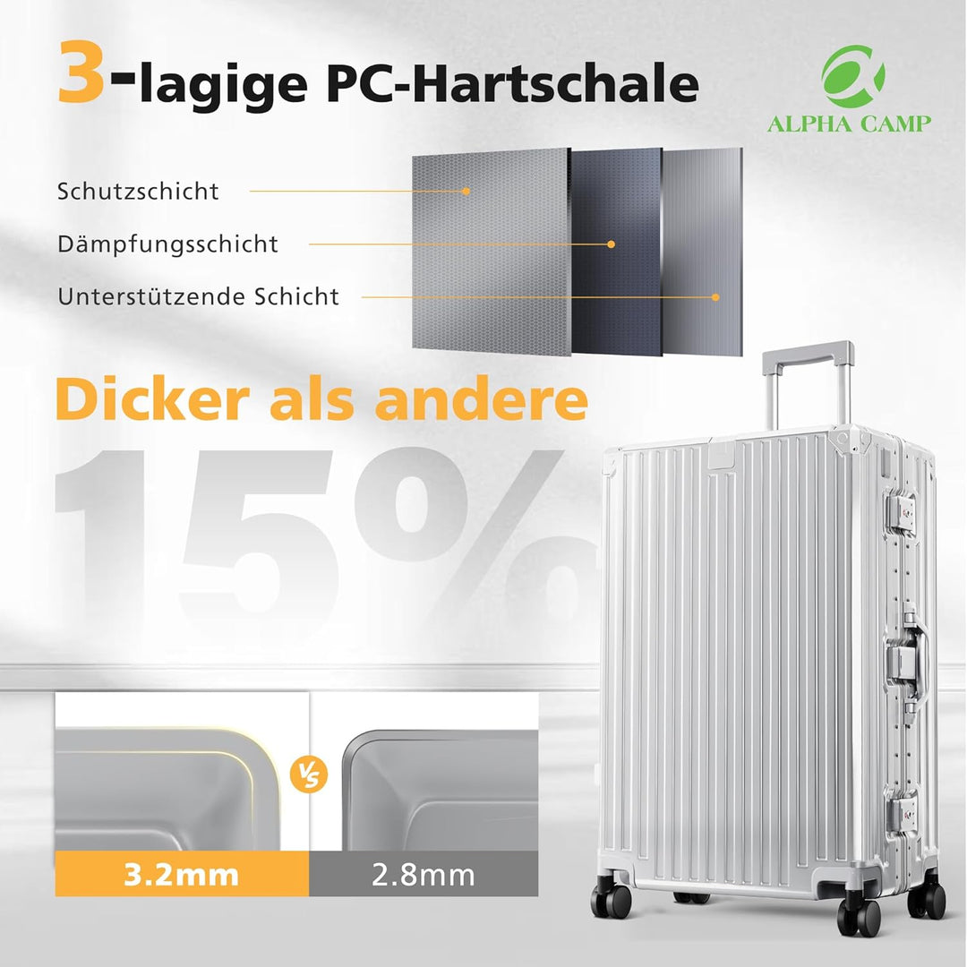 ALPHA CAMP Koffer XL Reisekoffer mit Rollen TSA Schloss, Hartschalenkoffer Gross Suitcase Aluminium