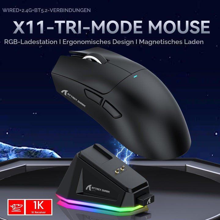 ATTACK SHARK X11 Gaming Mouse mit Magnetic Charging Dock, PixArt PAW3311 Gaming Sensor, BT/2.4G Wire