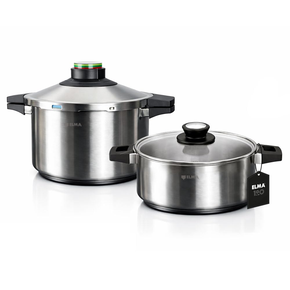 ELMA Set mit 2 Schnellkochtöpfen, 4 + 6 l, Edelstahl 18/10, Induktionsgeeigneter Boden, 2 Kochmodi,