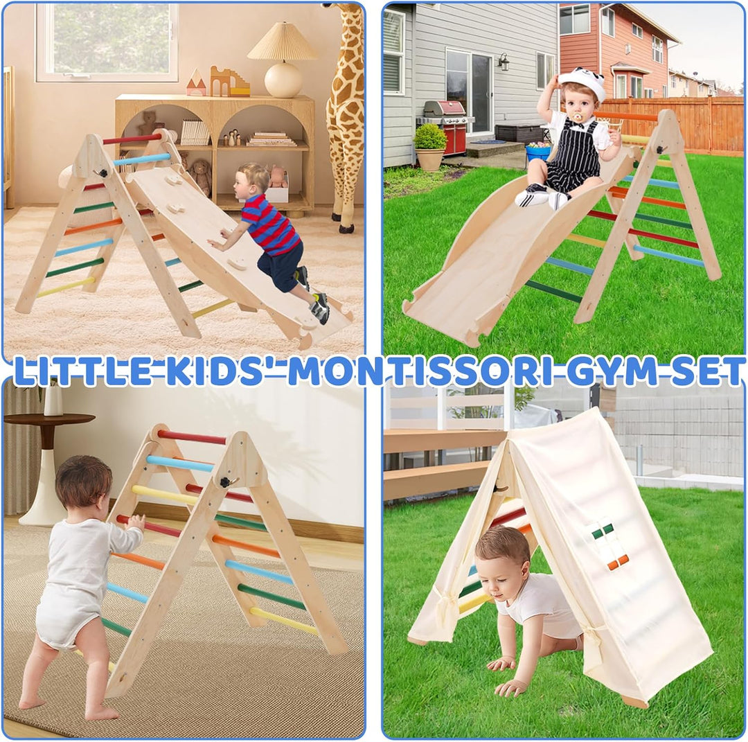 5-in-1 Montessori Kletterdreieck, Klettergerüst Indoor mit Rutsche, Kletterleiter und Zeltdach, Wipp