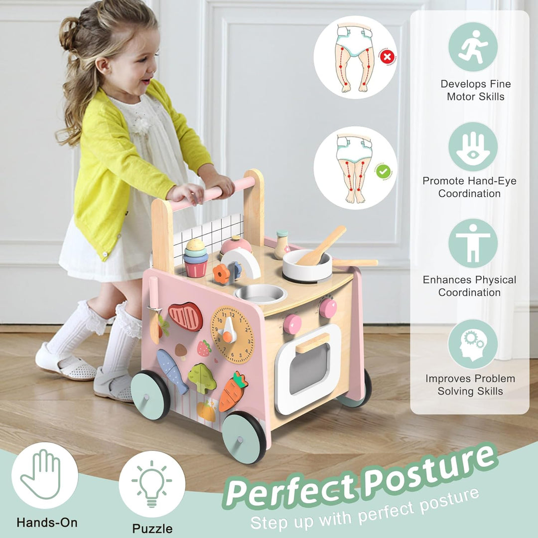 Lauflernwagen Holz, 9 in 1 Baby Lauflernhilfe mit Montessori Spielzeug und Spielküche, Holzspielzeug