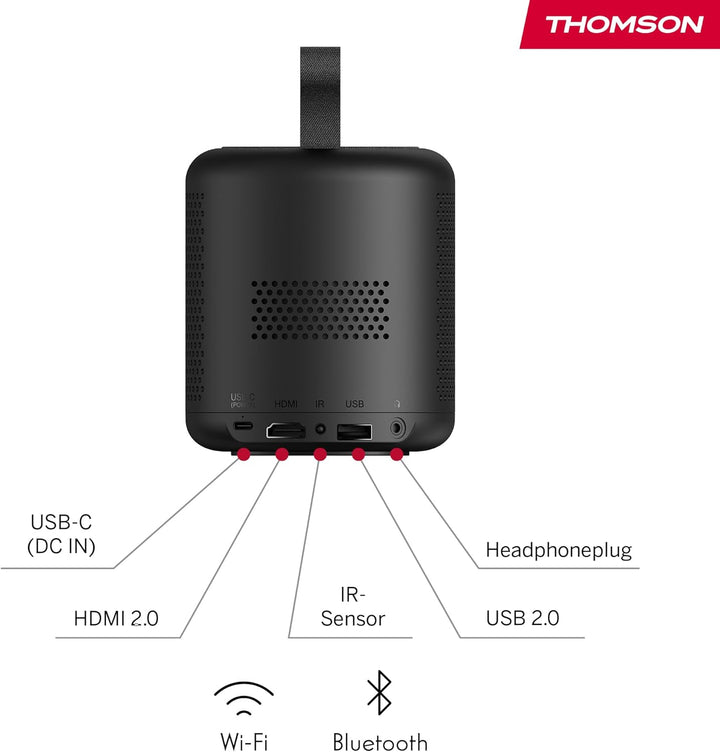 Thomson Vega PG35B Tragbarer Full HD Beamer, Smart LED Projektor mit Google TV, integriertem Akku, 3