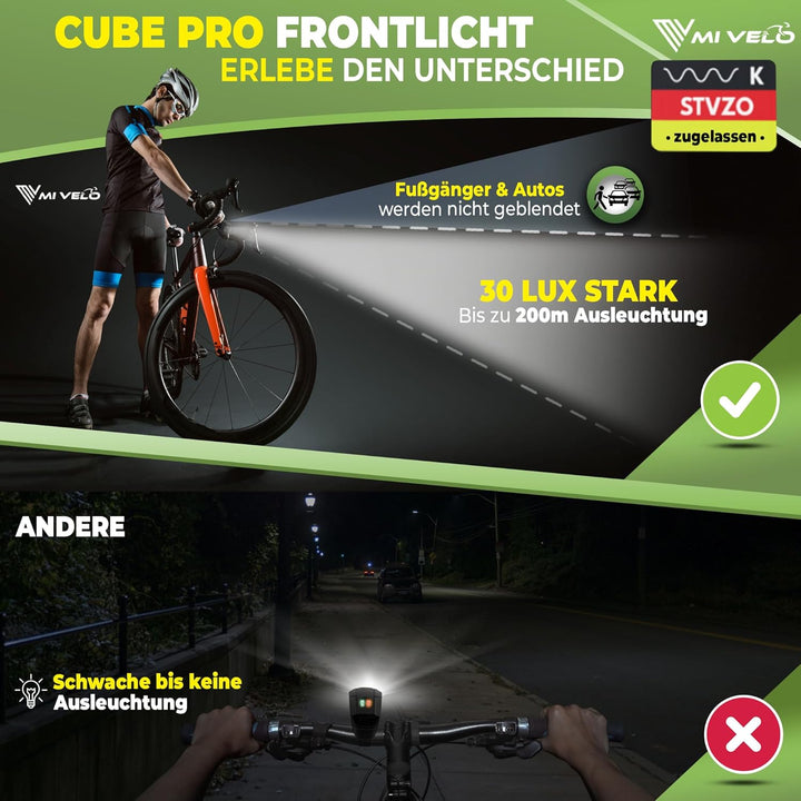 MIVELO Cube Fahrradlicht Set StVZO zugelassen Fahrradbeleuchtung - USB-aufladbar & 100% wasserdicht