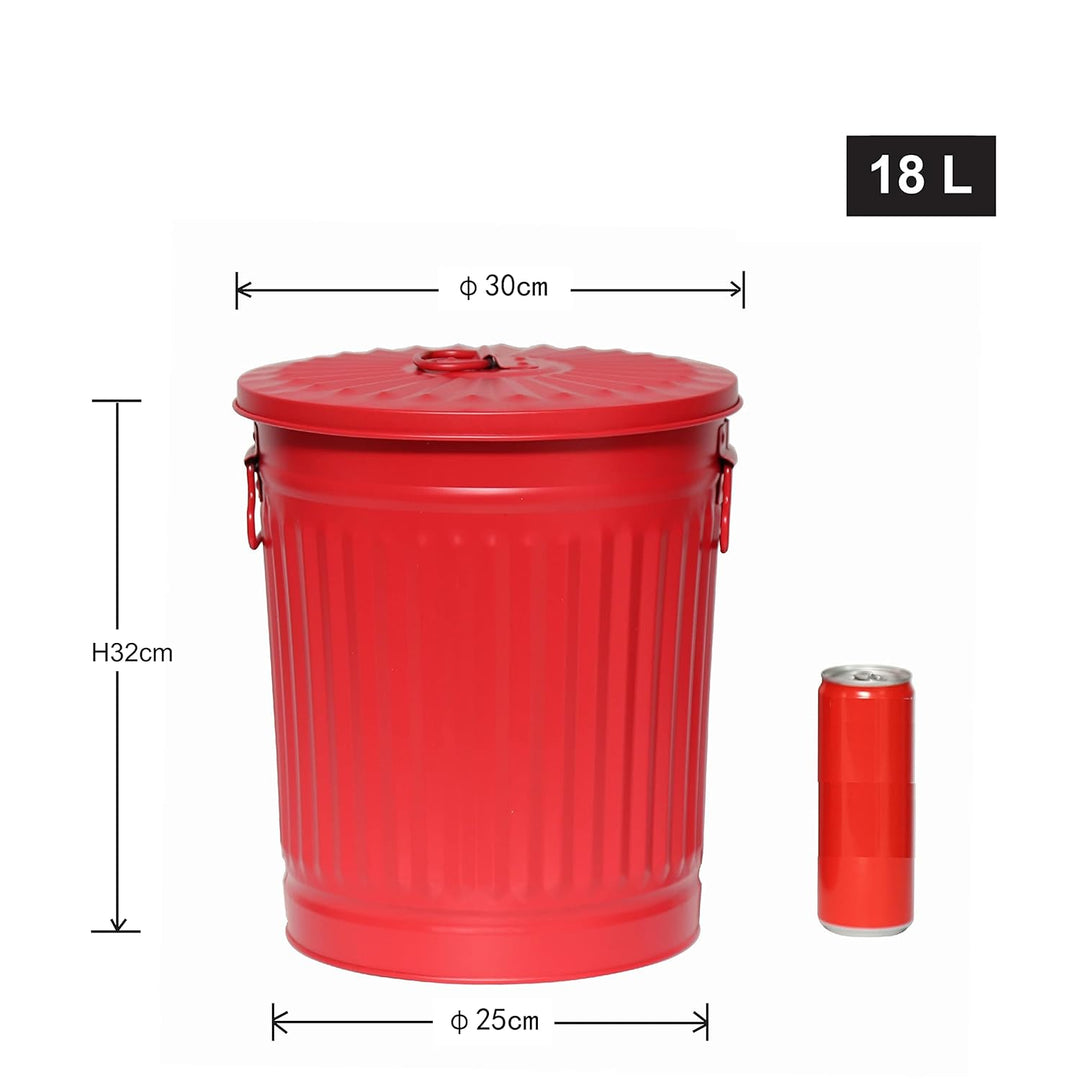 Jinfa Mülleimer mit Deckel Aufbewahrung Tonne Metall retro vintage | Rot | Ø 30 cm, 18 Liter 1 Stück